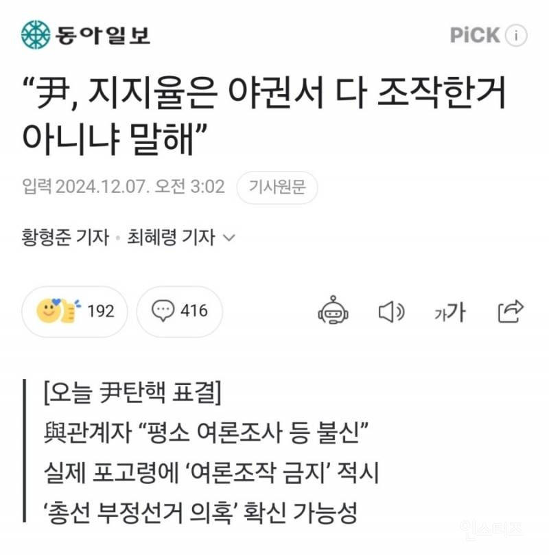 尹, "지지율은 야권서 다 조작한거 아니냐" | 인스티즈