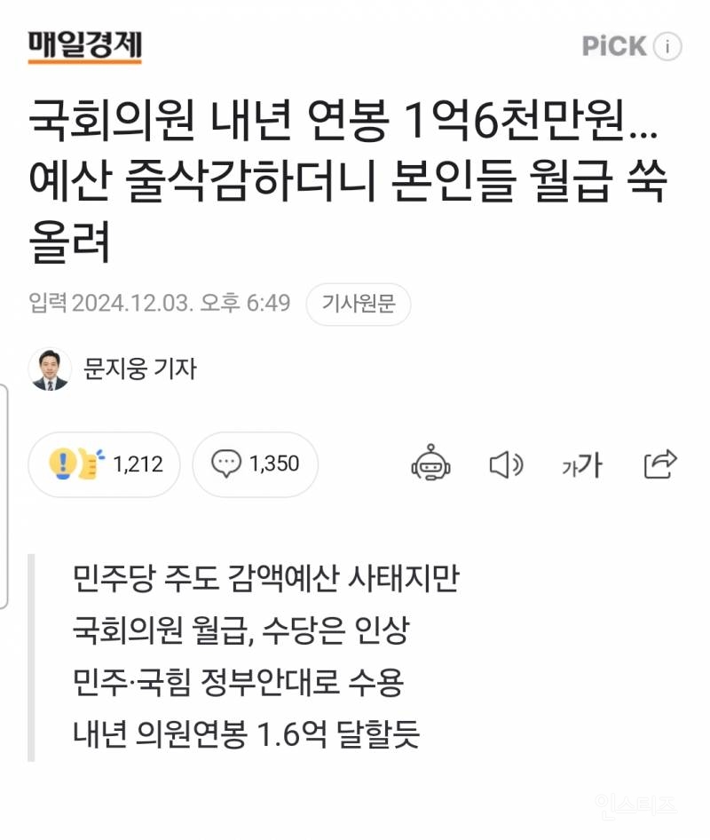 국회의원 내년 연봉 1억6천만원…예산 줄삭감하더니 본인들 월급 쑥 올려 | 인스티즈