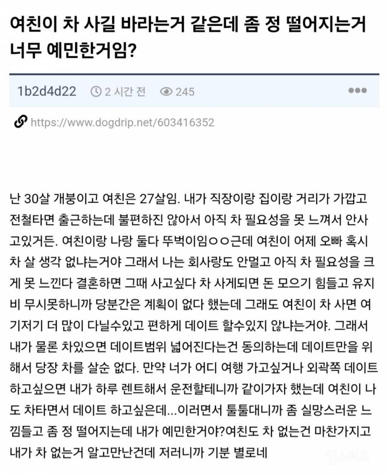 여친이 차 사길 바라는거 같은데 좀 정 떨어지는거 너무 예민한거임? | 인스티즈