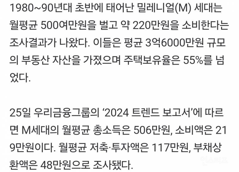 80~90년대 초반생이면 평균 월 500만원…부동산은 3억원 | 인스티즈