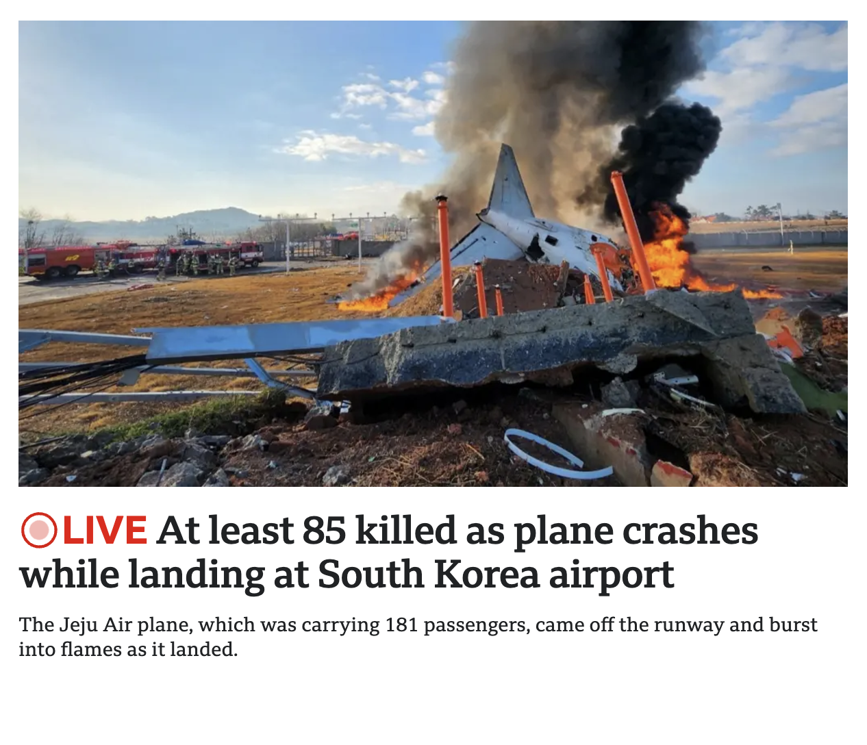 [정보/소식] [BBC] At least 85 killed as plane crashes while landing at South Korea airport / 한국공항 착륙 중 추락사고로 최소 85명 사망 | 인스티즈