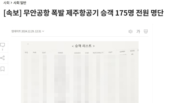 [정보/소식] 무안공항 승객 명단 공개했다 삭제한 조선일보…반복된 윤리 위반 | 인스티즈