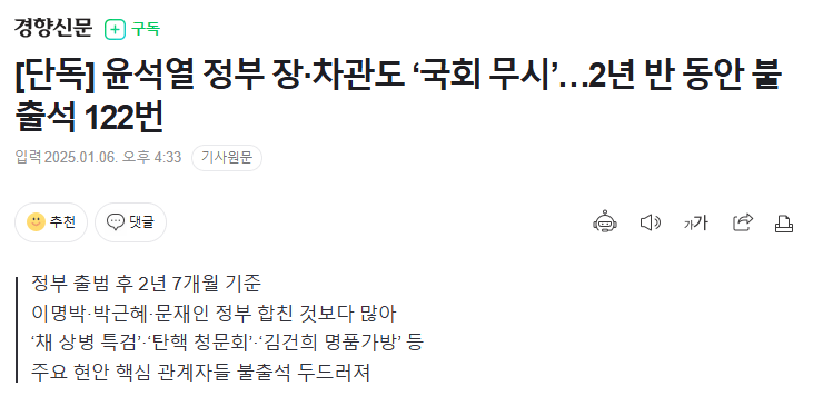 [정보/소식] [단독] 윤석열 정부 장·차관도 '국회 무시'…2년 반 동안 불출석 122번 | 인스티즈