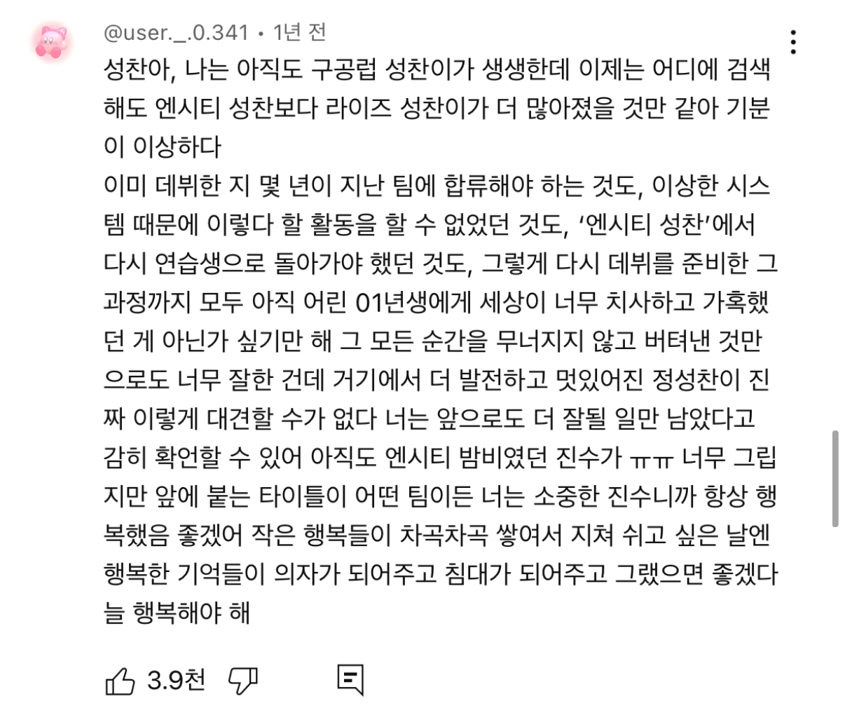 [잡담] 성찬이 팬메이드 영상에 시즈니 댓글 보고 우는중ㅠㅠㅠㅠ | 인스티즈