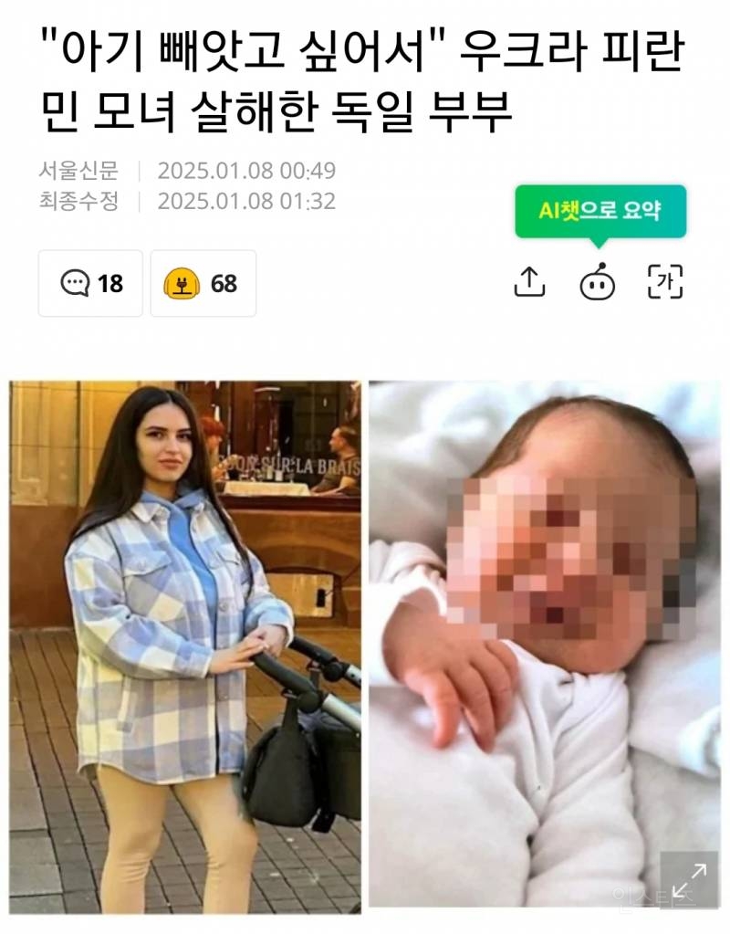 "아기 빼앗고 싶어서" 우크라 피란민 모녀 살해한 독일 부부" | 인스티즈