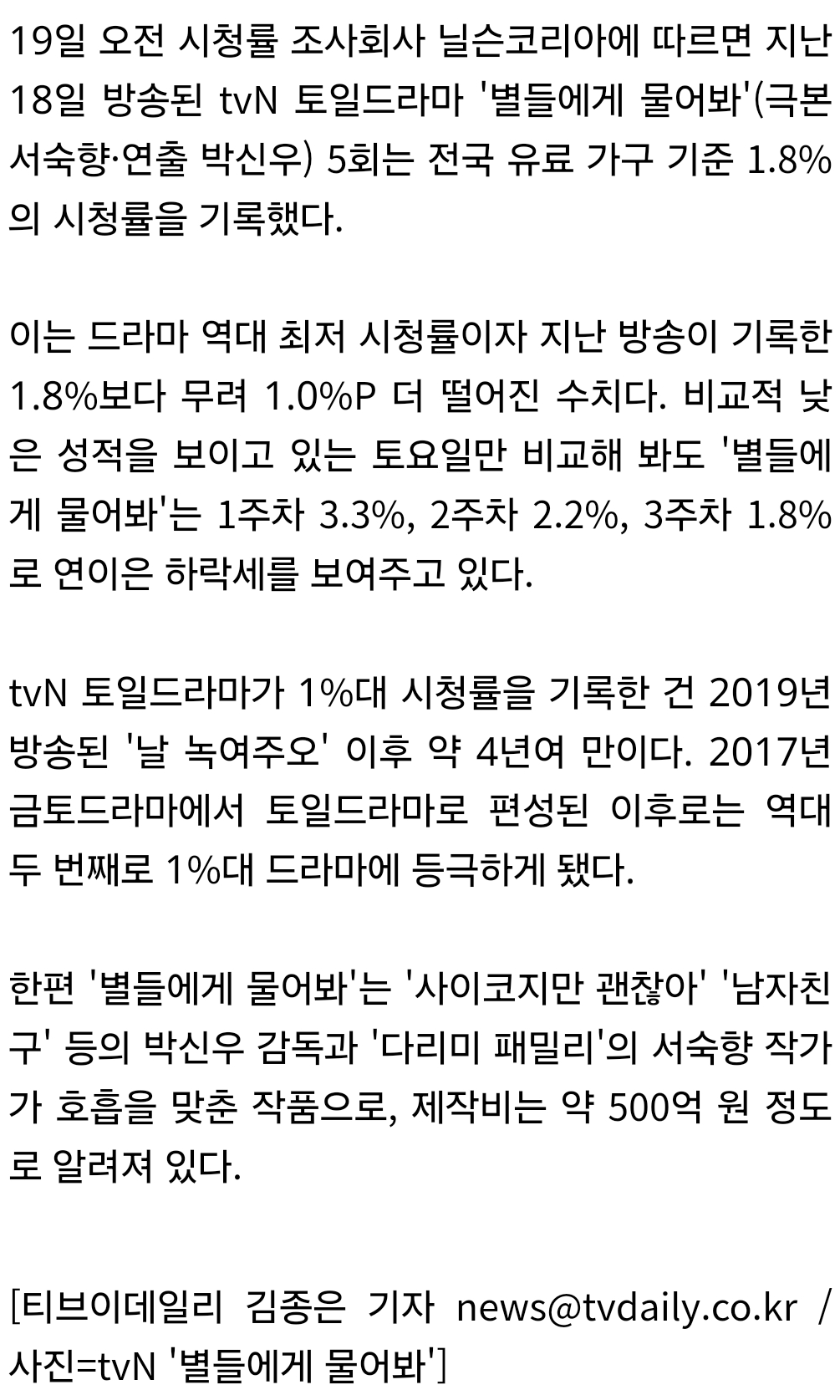 [잡담] 이민호·공효진의 굴욕, '별들에게 물어봐' 결국 1%대까지 추락 | 인스티즈