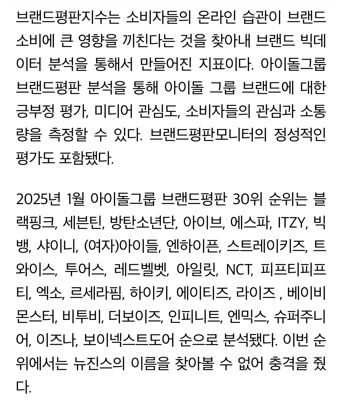 [정보/소식] 뉴진스, 아이돌 평판 순위권에서 실종…30위에도 못 들어 | 인스티즈