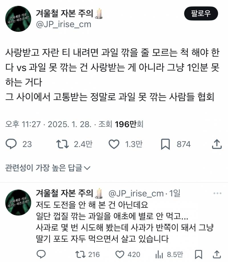 [잡담] 아 이 트윗 너무 공감되 과일을 안 깎아 본 적은 없는데 | 인스티즈