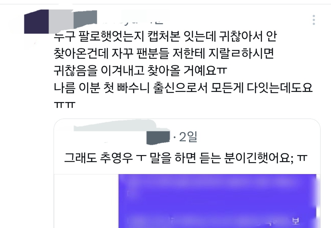 [마플] 추ㅇㅇ 팬디엠 당사자 괴롭히나봄 | 인스티즈