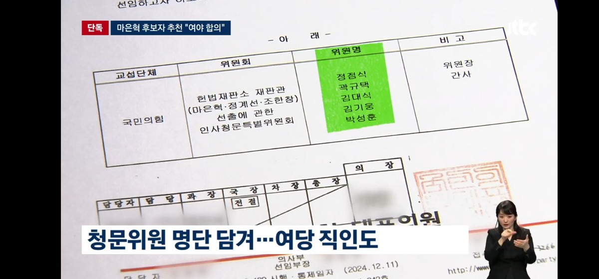 [정보/소식] 마은혁 재판관 헌재 임명 여야합의 공문 입수한 JTBC | 인스티즈