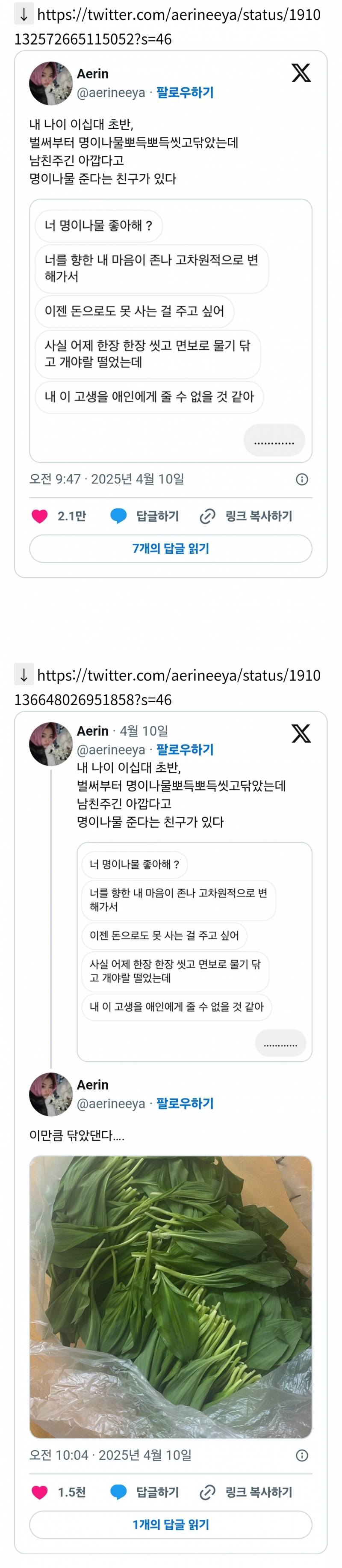 한장 한장 씻고 물기 닦은 명이나물 주겠다는 친구 | 인스티즈