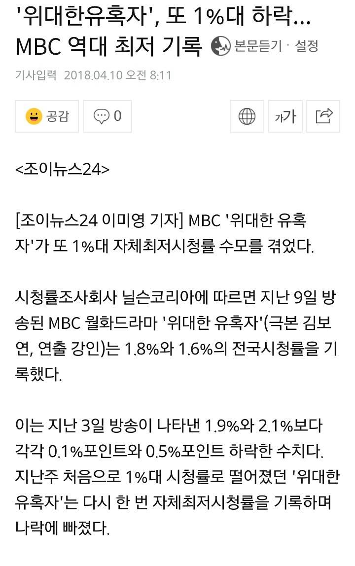 '위대한유혹자', 또 1%대 하락…MBC 역대 최저 기록 | 인스티즈