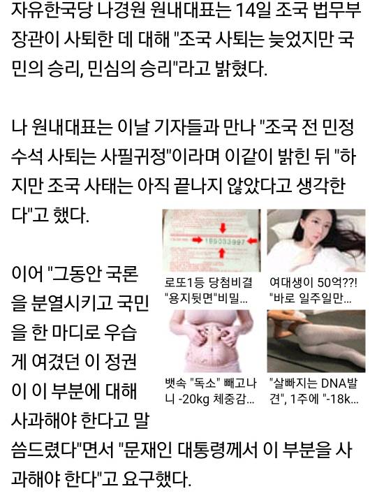 나경원"조국 사퇴는 국민의 승리…文, 사과하라" | 인스티즈