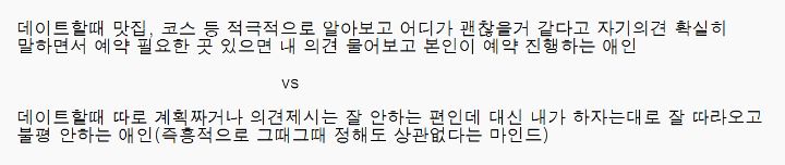 데이트코스 적극적으로 알아보는 애인vs데이트코스 안짜는 애인 중 더 선호하는 애인은? - 인스티즈(instiz) 이슈 카테고리 데이트코스 적극적으로 알아보는 애인Vs데이트코스 안짜는 애인 중 더 선호하는 애인은? - 인스티즈(Instiz) 이슈 카테고리