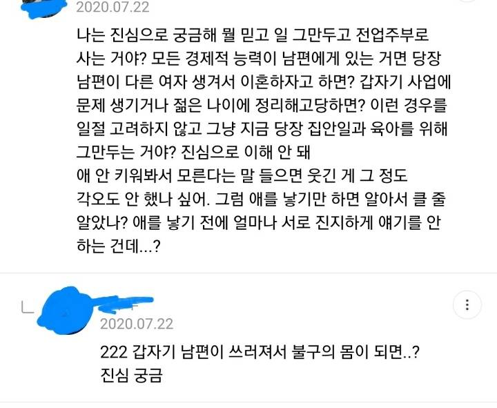 전업주부 현실적 문제 말해주는 달글 캡쳐+쩌리댓추가 | 인스티즈