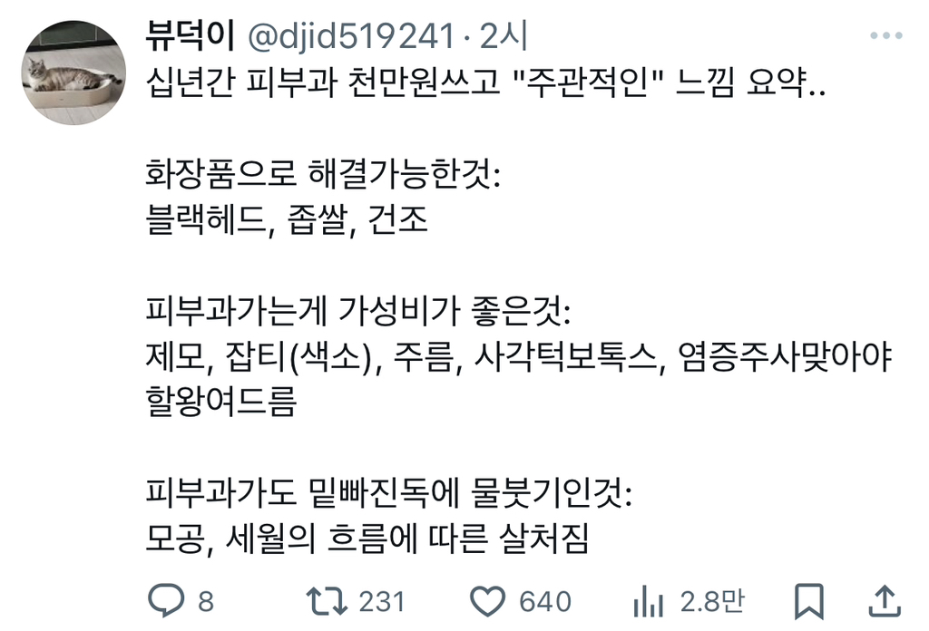 피부과 천만원쓰고 "주관적인" 느낌 요약..twt