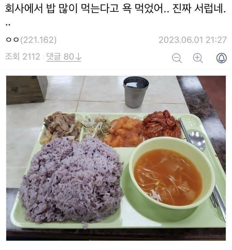 회사에서 밥 많이 먹는다고 욕먹었어... 진짜 서럽네...