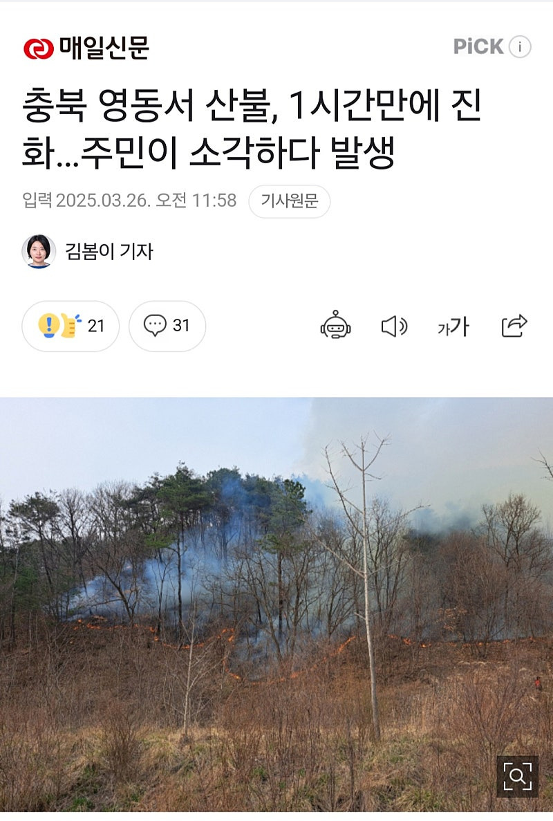  이 와중에 또 쓰레기 소각으로 산불났다가 1시간만에 진화