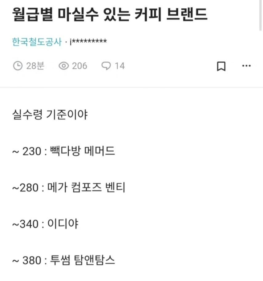  월급 실수령 기준 마실 수 있는 커피 브랜드1