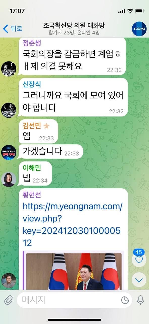 계엄 직후 더불어민주당/국힘/조국혁신당 텔레그램 대화들.jpg | 인스티즈