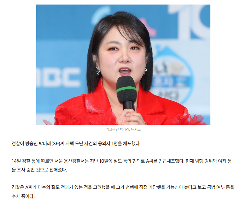  박나래 자택 절도 용의자 1명 체포…내부 소행 아냐”
